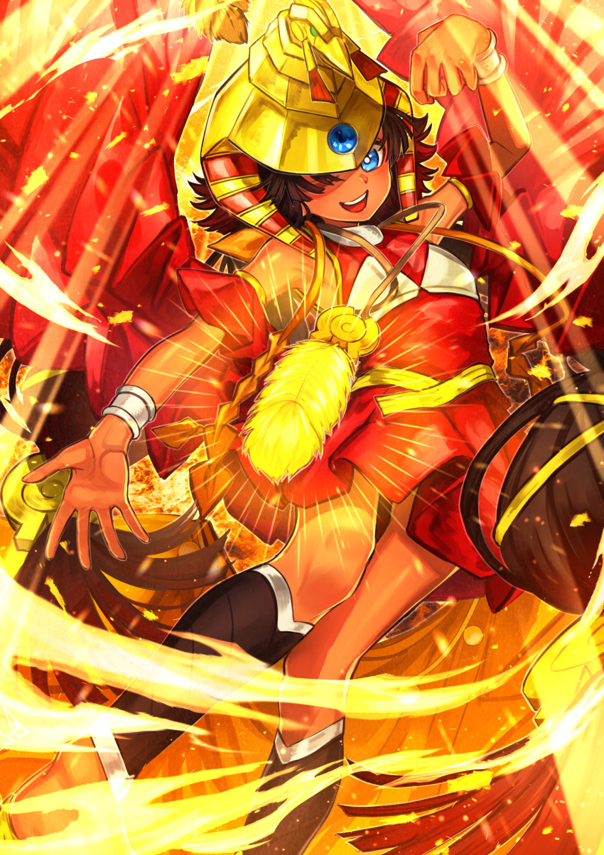 1girl black_hair conductor_of_nephthys dark_skin dress feet_out_of_frame fuji_tarawi glowing_feather gold_helmet highres jewelry looking_at_viewer low_twintails necklace one_eye_covered red_dress sleeveless sleeveless_dress smile solo twintails yu-gi-oh!