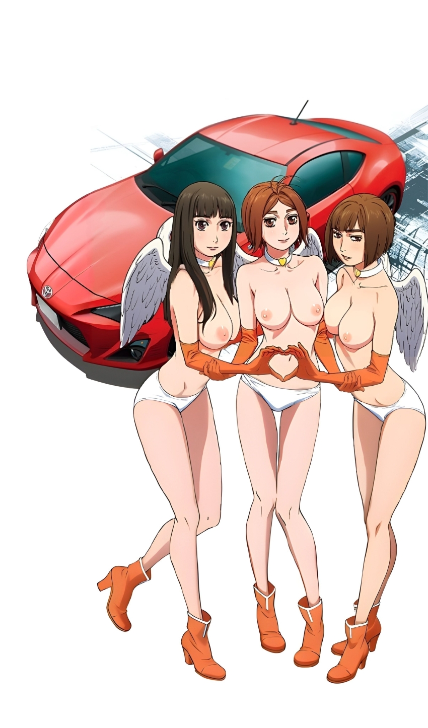 3girls angel_wings ass breast_press breasts breasts_squeezed_together car collar elbow_gloves gloves highres kurihara_kyoko makeup medium_breasts mf_ghost motor_vehicle multiple_girls nipples nude nude_filter panties race_queen saionji_ren sato_mami solo third-party_edit toyota toyota_86 underwear vehicle wings