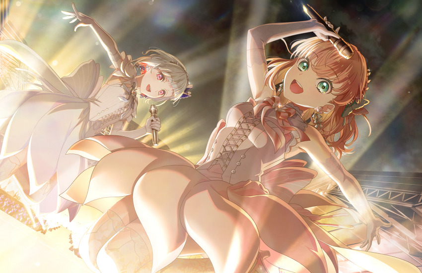 2girls :d arm_up armpits aurora_flower_(love_live!) bob_cut breasts butterfly_hair_ornament colored_inner_hair cross-laced_clothes cross-laced_top dancing diagonal_bangs elbow_gloves game_cg gloves glowstick grey_hair grey_ribbon hair_ornament high_heels highres hinoshita_kaho holding holding_microphone idol inverted_bob jumping lace lace_thighhighs link!_like!_love_live! looking_at_viewer love_live! medium_breasts microphone multicolored_hair multiple_girls neck_ribbon night official_alternate_costume official_art open_hand open_mouth orange_ribbon orange_skirt penlight_(glowstick) pink_eyes pleated_skirt red_hair ribbon shirt shoes short_hair skirt sleeveless sleeveless_shirt small_breasts smile stage stage_lights streaked_hair teeth thighhighs third-party_source upper_teeth_only virtual_youtuber white_gloves white_thighhighs yugiri_tsuzuri