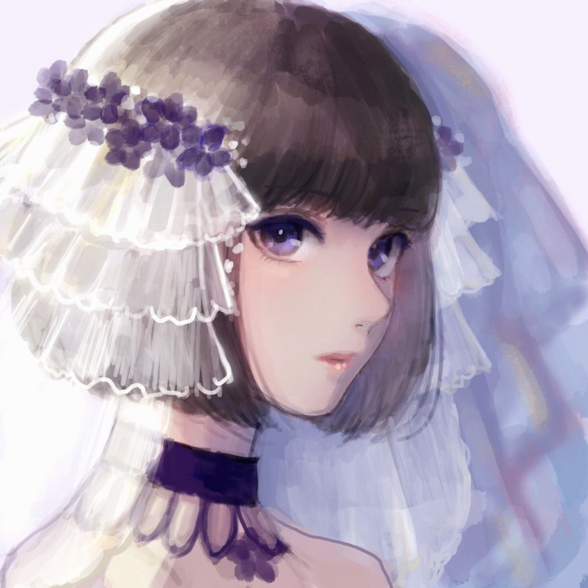 1girl bob_cut bridal_veil brown_hair choker closed_mouth commentary_request female_focus grey_background highres looking_at_viewer original portrait purple_choker purple_eyes romiy short_hair solo veil