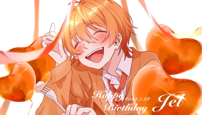 1boy balloon blush cardigan character_name closed_eyes collared_shirt commentary_request cursive dated facing_viewer food fork hair_between_eyes happy happy_birthday heart_balloon highres holding holding_fork jel_(stpri) long_sleeves loose_necktie male_focus necktie open_collar open_mouth orange_cardigan orange_hair orange_necktie orange_ribbon orange_theme ribbon shirt smile solo strawberry_prince suna_mizumaru upper_body white_background white_shirt