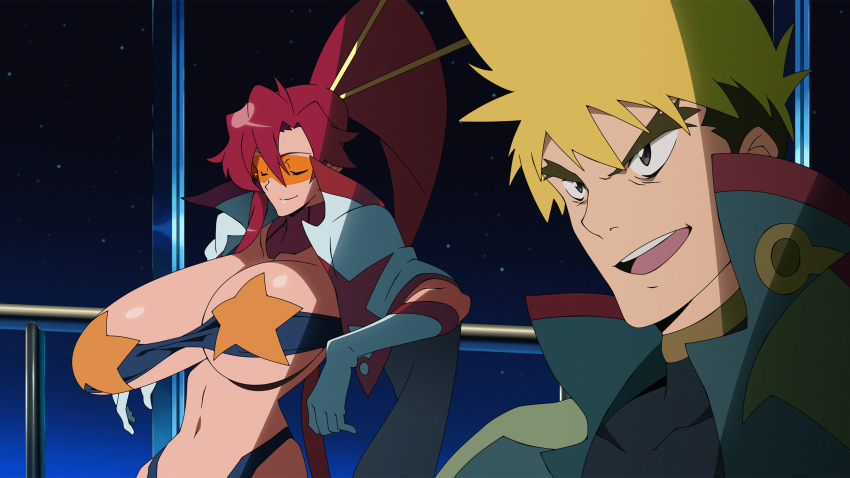 1boy 1girl breasts cleavage collarbone gloves highres huge_breasts kittan_bachika large_breasts long_hair navel orange-tinted_eyewear orange-tinted_glasses red_hair smile sunglasses tagme tengen_toppa_gurren_lagann tinted_eyewear visor white_gloves yoko_littner