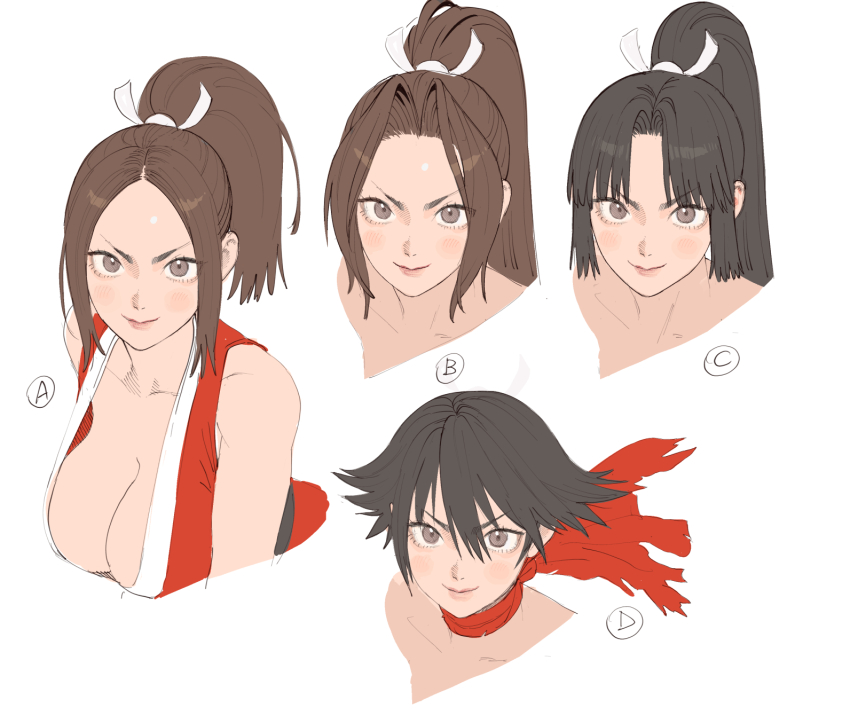 1girl alternate_hairstyle black_hair breasts brown_eyes brown_hair cleavage closed_mouth collarbone commentary conto english_commentary highres large_breasts long_hair looking_at_viewer mixed-language_commentary multiple_views ponytail red_scarf scarf shiranui_mai short_hair sidelocks simple_background smile the_king_of_fighters upper_body white_background