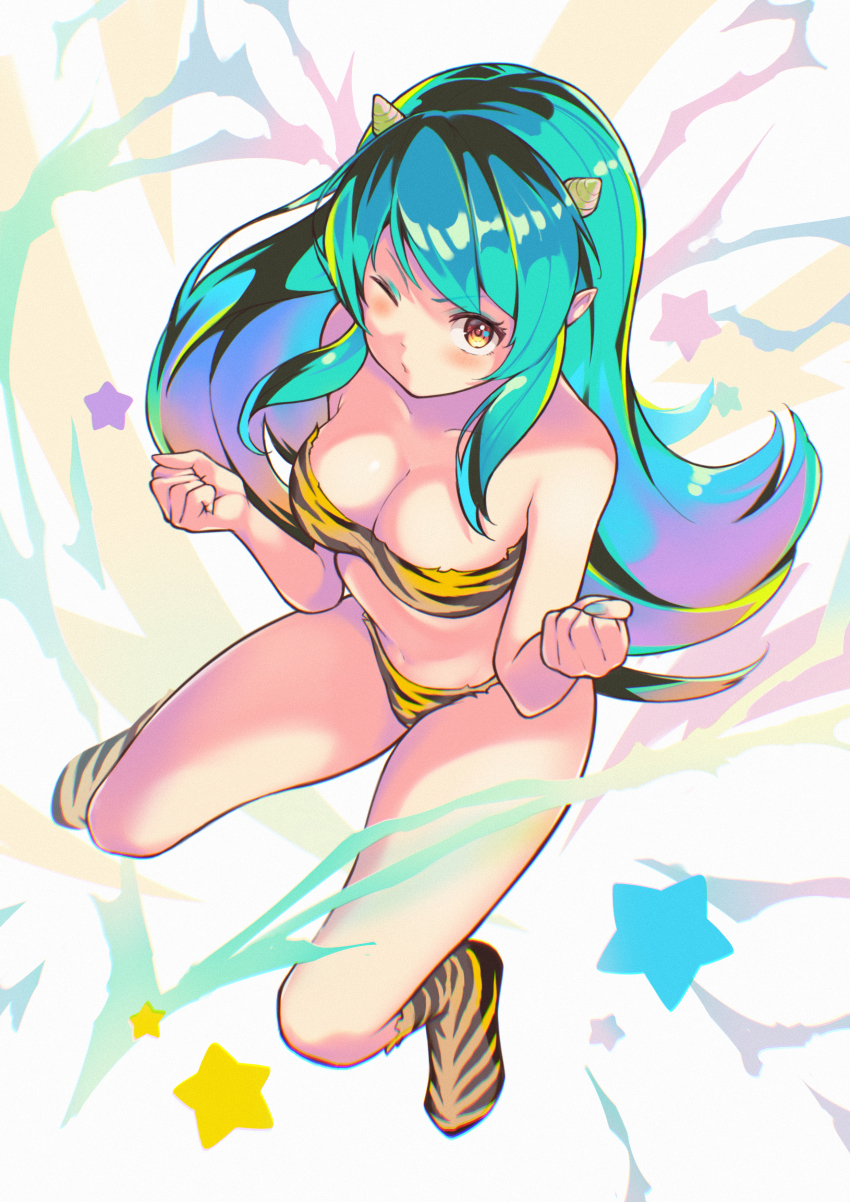 1girl absurdres aqua_hair bare_shoulders bikini boots breasts cleavage clenched_hands cone_horns electricity electrokinesis from_above full_body green_hair green_nails hands_up heart highres horns itou_kazuki knee_boots long_hair looking_at_viewer looking_up lum nail_polish navel one_eye_closed oni pointy_ears print_bikini puckered_lips red_eyes sidelocks solo star_(symbol) swimsuit tiger_stripes urusei_yatsura very_long_hair white_background yellow_bikini yellow_footwear