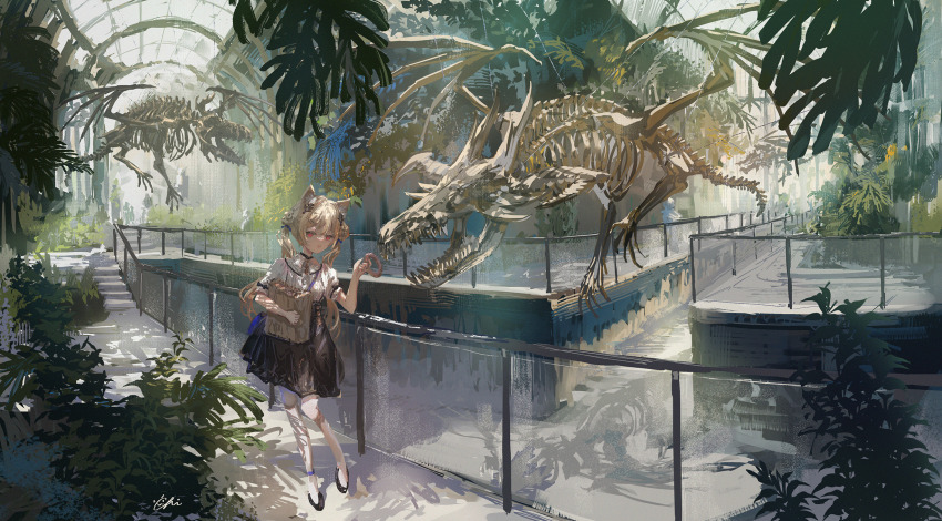 1girl animal_ears animal_skeleton bag black_footwear black_skirt blonde_hair cat_ears cat_girl collared_shirt commentary_request day food highres holding holding_bag holding_food koyamanatsu leaf museum open_mouth original pantyhose red_eyes scenery shirt shoes short_hair skirt solo sunlight white_pantyhose white_shirt wide_shot