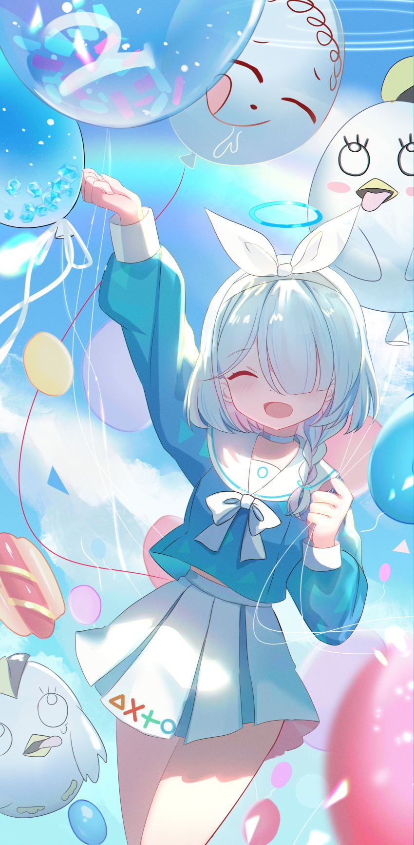 1girl absurdres arona_(blue_archive) balloon blue_archive blue_eyes blue_hair closed_eyes highres open_mouth rinringyo sailor_collar short_hair smile solo