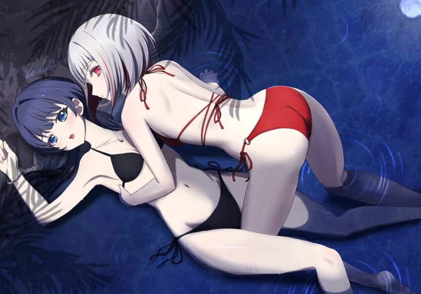 2girls alternate_costume armpits ass bikini black_bikini black_ribbon blue_eyes blue_hair blush bob_cut bracelet breasts cleavage collarbone colored_inner_hair commentary_request dark_blue_hair diagonal_bangs feet_out_of_frame foot_out_of_frame full_moon girl_on_top grey_hair hair_ribbon halterneck highres holding_hands interlocked_fingers inverted_bob jewelry leg_between_thighs link!_like!_love_live! long_hair love_live! low_twintails mole mole_on_neck moon multicolored_hair multiple_girls murano_sayaka necklace night parted_lips red_bikini red_eyes red_hair ribbon satolive20 short_hair side-tie_bikini_bottom sideways_mouth small_breasts streaked_hair string_bikini swimsuit twintails virtual_youtuber yugiri_tsuzuri yuri