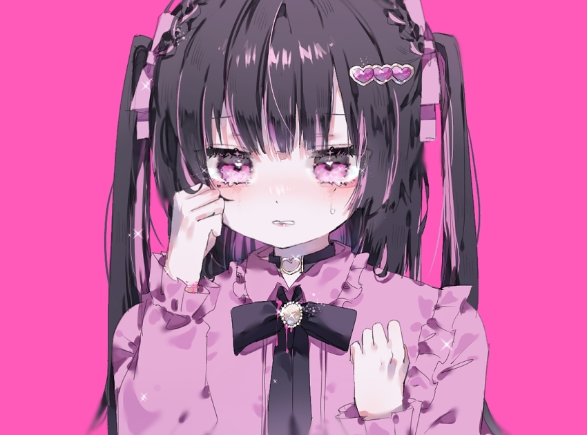 1girl aegyo_sal black_bow black_choker black_hair blood blood_on_clothes blood_on_hands blunt_bangs bow choker crying crying_with_eyes_open hair_ornament hair_ribbon heart heart_choker heart_hair_ornament hiro_0607 jirai_kei light_blush long_hair multicolored_hair original pink_background pink_eyes pink_hair pink_shirt ribbon sad self-harm_scar shirt simple_background solo sparkle streaked_hair tears twintails upper_body