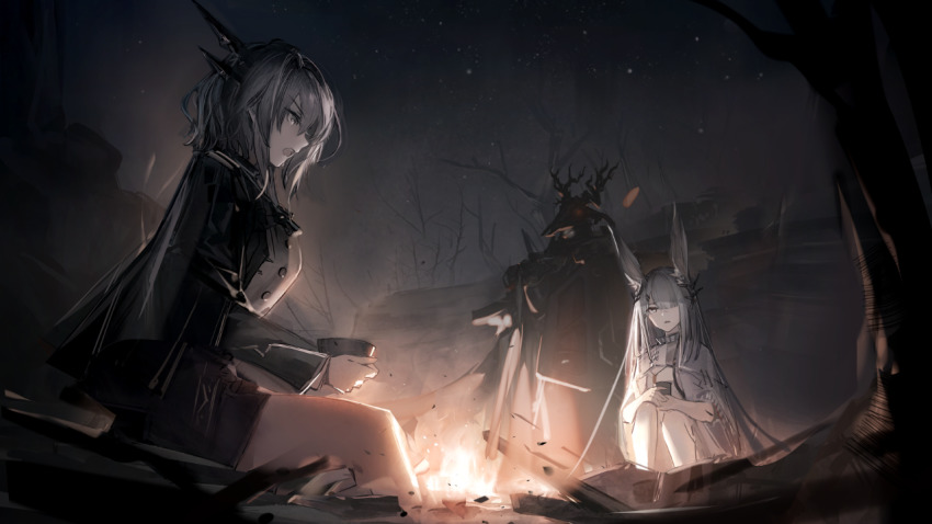 1boy 2girls animal_ears animal_skull antlers arknights bare_tree black_jacket bowl campfire deer_antlers deer_skull dragon_horns frostnova_(arknights) grey_hair hair_over_one_eye holding horns jacket long_hair medium_hair miniskirt multiple_girls night official_art open_mouth outdoors patriot_(arknights) profile rabbit_ears sitting skirt spoilers squatting talulah_(arknights) talulah_the_fighter_(arknights) tree