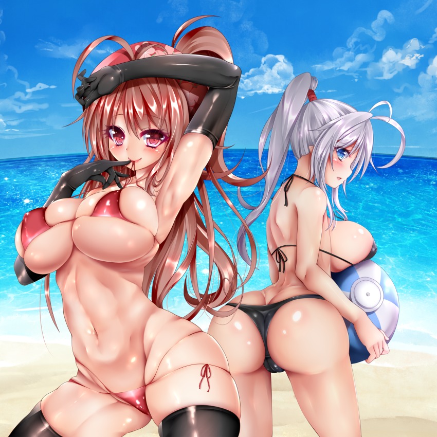 2girls ahoge ass asymmetrical_hair bikini blue_eyes blush breasts brown_hair butt_crack cleavage cleavage_cutout closed_mouth clothing_cutout eyebrows eyelashes female_focus floral_background hair_ornament hairband highres jotti large_breasts long_hair looking_at_viewer looking_back micro_bikini multicolored_eyes multiple_girls multiple_views navel ocean original ponytail red_eyes reimusan_(jotti) shiny_skin short_hair side_ponytail signature silver_hair smile standing swimsuit thighhighs thighs urako_(jotti) wife_and_wife