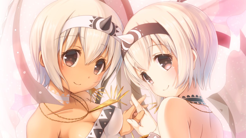 10s 2girls bare_shoulders breasts brown_eyes choker cleavage dark_skin dark-skinned_female hairband interlocked_fingers looking_at_viewer matokechi multiple_girls pink_eyes saraana short_hair siblings sisters smile twins uruuru utawarerumono utawarerumono:_itsuwari_no_kamen white_hair