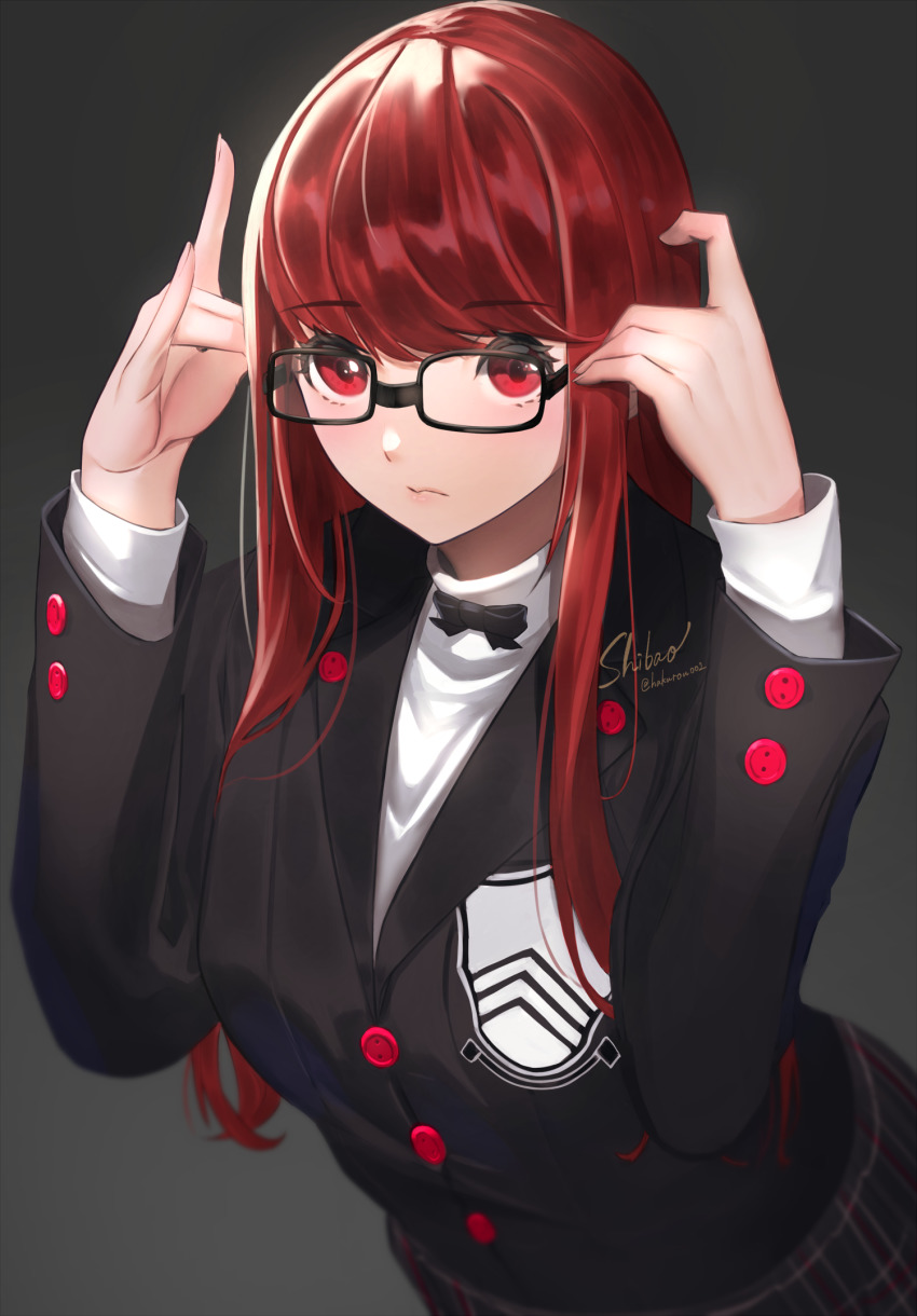 1girl adjusting_eyewear female_focus gedou_hakurou glasses grey_background highres long_hair looking_at_viewer matching_hair/eyes persona persona_5 persona_5_the_royal plaid_clothes plaid_skirt red_eyes red_hair school_uniform shuujin_academy_school_uniform signature skirt solo spoilers swept_bangs yoshizawa_kasumi