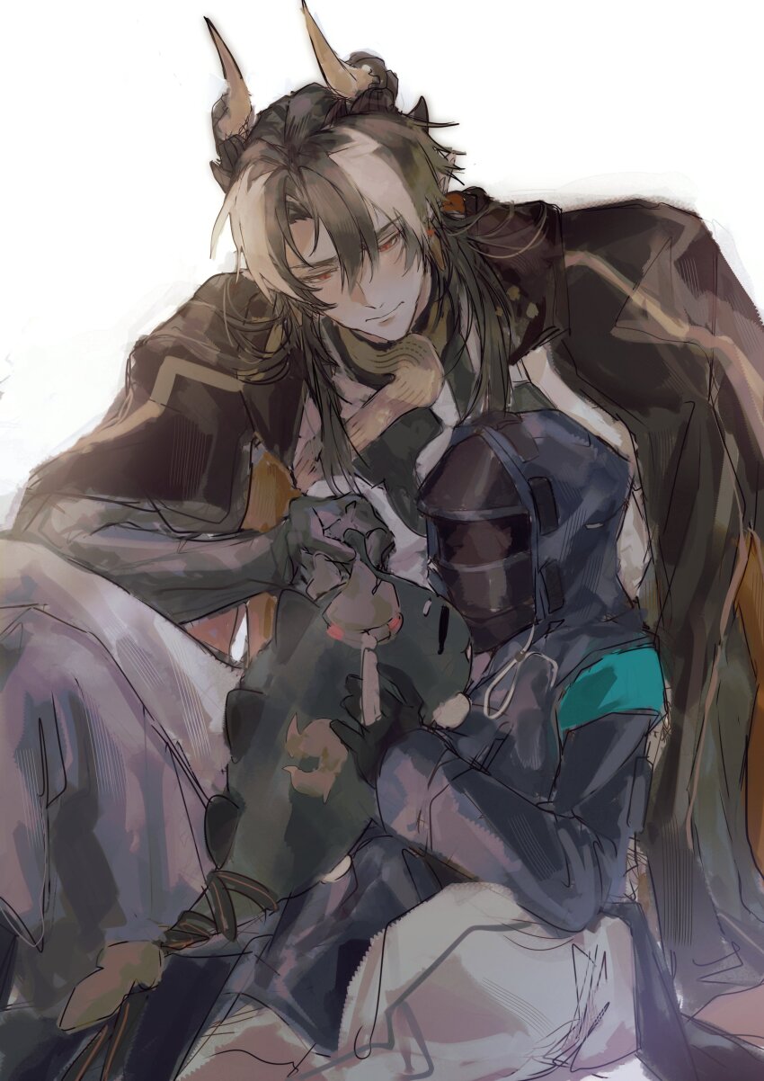 1boy 1girl absurdres arknights black_coat brown_hair chongyue_(arknights) coat doctor_(arknights) dragon_boy dragon_bubble_(arknights) dragon_horns earrings female_doctor_(arknights) hetero highres hood hood_up horns jewelry long_hair long_sleeves looking_at_another multicolored_hair pointy_ears red_eyes simple_background sitting_between_lap streaked_hair walhee221 white_background