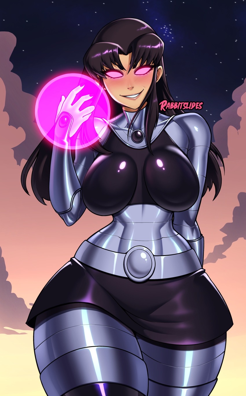 1girl absurdres armor black_hair blackfire blush breasts cartoon_network dc_comics deviantart deviantart_username dress energy_ball glowing glowing_eyes grin highres large_breasts long_hair orb rabbitslides smile teen_titans thighs