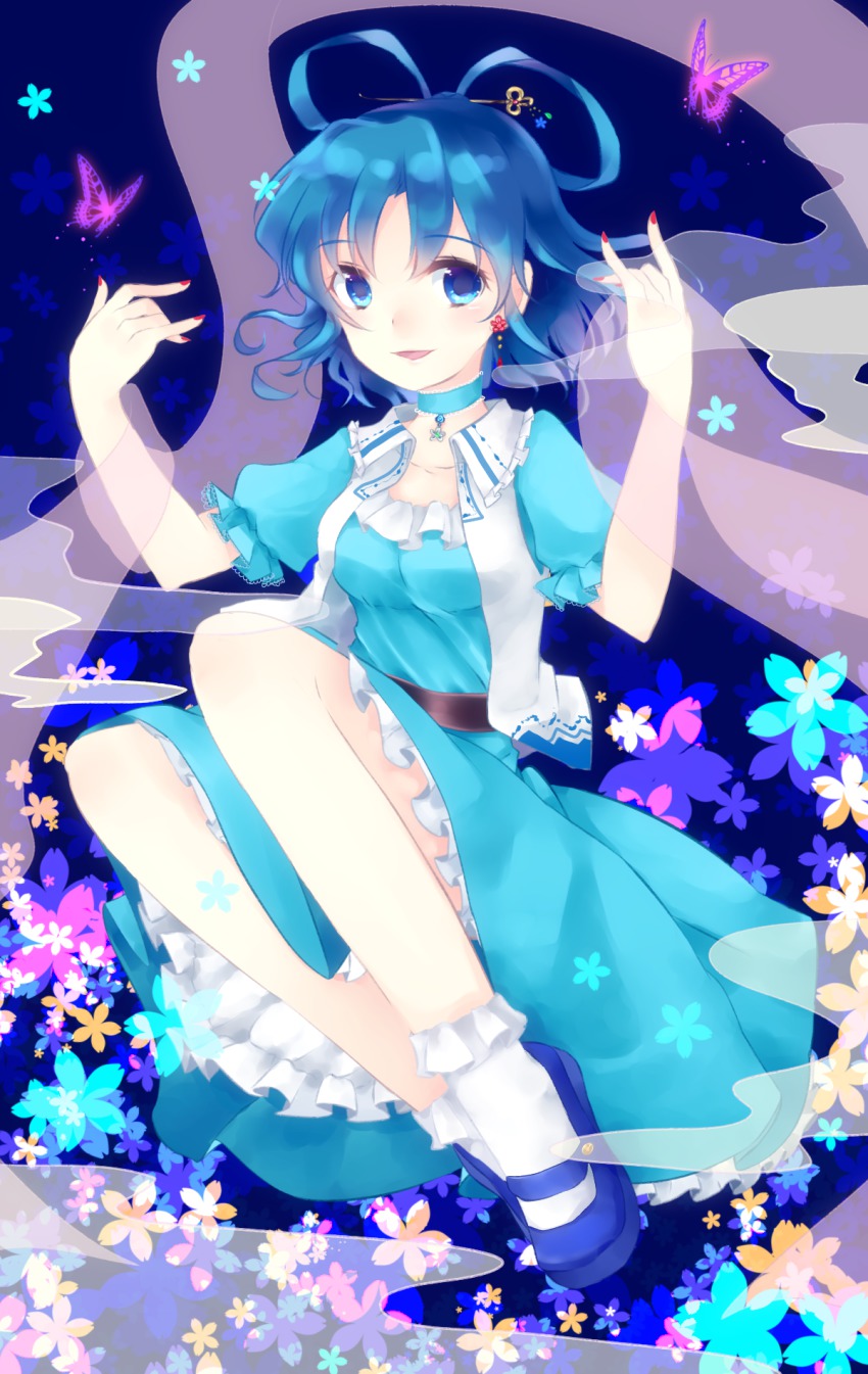 1girl ajiriko bad_id bad_pixiv_id belt blue_eyes blue_hair breasts bug butterfly choker dress earrings female_focus flower hair_ornament hair_rings hair_stick herb highres insect jewelry kaku_seiga matching_hair/eyes nail_polish necklace petals shawl short_hair smile solo touhou vest