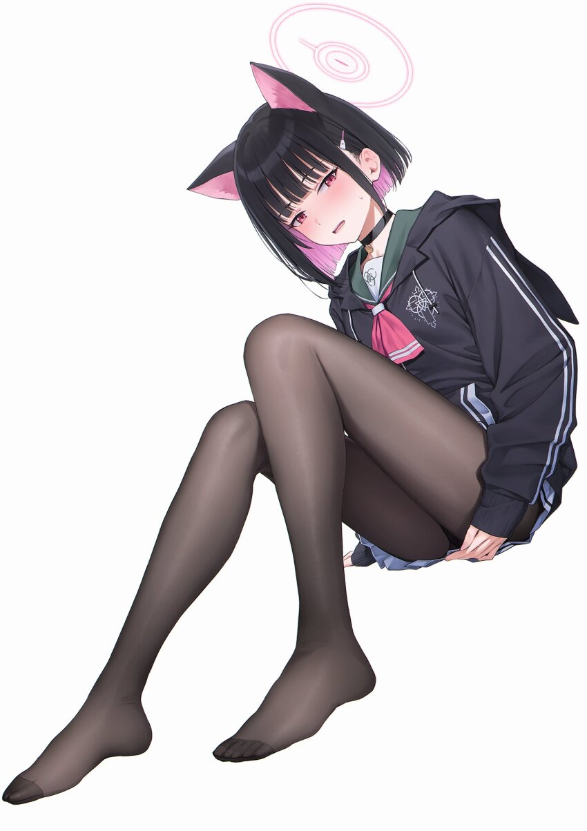 1girl animal_ears black_choker black_hair black_hoodie black_jacket blue_archive blush cat_ears choker colored_inner_hair covering_privates covering_ass extra_ears green_sailor_collar hair_ornament hairclip half-closed_eyes halo highres hood hooded_jacket hoodie jacket kazusa_(blue_archive) long_sleeves looking_at_viewer mikazuchi_zeus multicolored_hair neckerchief no_shoes open_mouth pantyhose pink_hair pink_neckerchief red_eyes sailor_collar short_hair sitting skirt solo sweat two-tone_hair