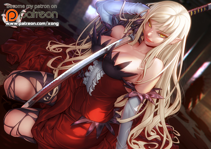 arm_support bakemonogatari bare_shoulders blonde_hair breasts dutch_angle elbow_gloves gloves katana kiss-shot_acerola-orion_heart-under-blade kizumonogatari large_breasts looking_at_viewer monogatari_(series) oshino_shinobu pantyhose patreon_logo patreon_username pointy_ears sitting skindentation slit_pupils smirk solo sword torn_clothes torn_pantyhose weapon xong