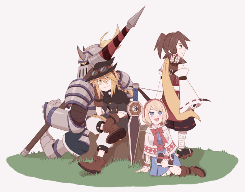 1girl 2boys adapted_costume alice_margatroid arrow_(projectile) bow_(weapon) genderswap genderswap_(ftm) goliath_doll hakurei_reimu holding holding_bow_(weapon) holding_polearm holding_weapon kirisame_marisa kiryuu_soma multiple_boys polearm sword touhou weapon