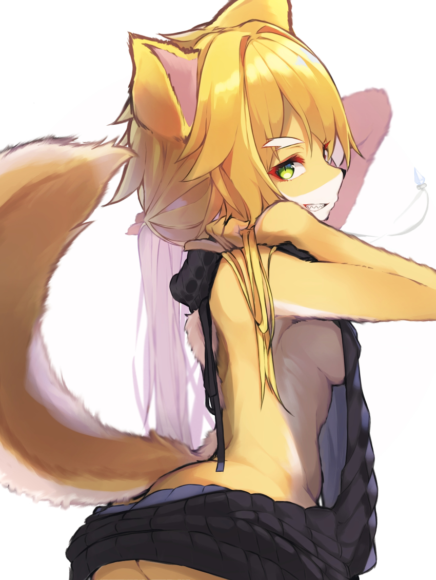 1girl absurdres animal_ears bare_back black_sweater blonde_hair body_fur breasts clenched_teeth commentary_request dress fox_ears fox_tail frederica_baumann furrification furry furry_female green_eyes highres holding holding_own_hair jewelry long_hair looking_at_viewer medium_breasts meme_attire pendant re:zero_kara_hajimeru_isekai_seikatsu sharp_teeth sideboob simple_background sleeveless smile solo sweater sweater_dress tab_head tail teeth white_background