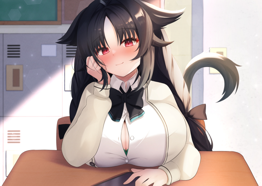 1girl absurdres animal_ears azur_lane black_bow black_bowtie black_hair blush bow bowtie breast_rest breasts button_gap cat_ears cat_tail cleavage closed_mouth collared_shirt desk elegant_(sumisumi4268) head_rest head_tilt highres huge_breasts indoors light_smile locker long_hair long_sleeves looking_at_viewer ooshio_(azur_lane) ooshio_(let&#039;s_&#039;ave_lunch)_(azur_lane) red_eyes school_desk shirt solo tail upper_body white_shirt wing_collar