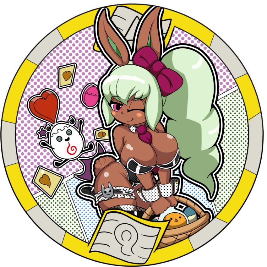 bunny_mint dark_skin easter_egg egg green_hair happy_easter highres leotard one_eye_closed playboy_bunny rabbit_tail self-upload tail youkai_medal youkai_watch zerotaichi