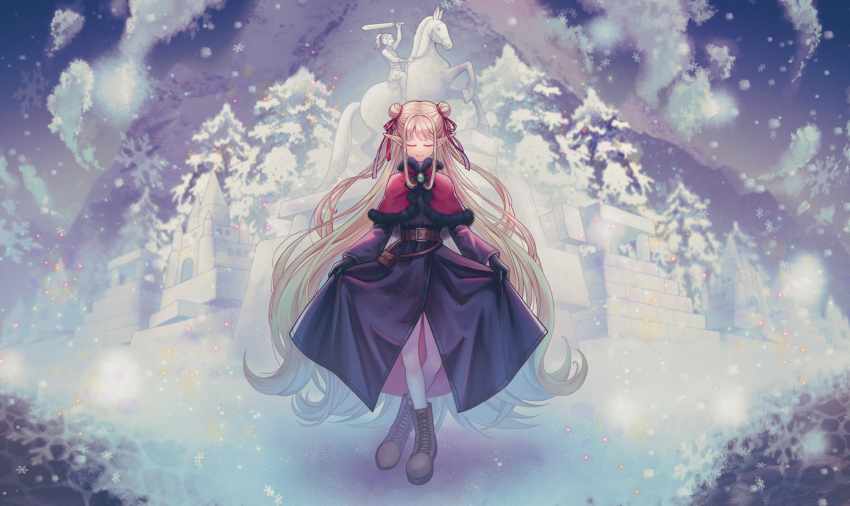 1girl blonde_hair boots closed_eyes crossed_legs double_bun elf facing_viewer full_body hair_bun mountain original pine_tree pointy_ears snow snowing solo standing statue tree tubering winter