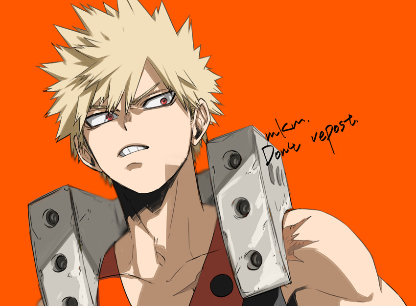 1boy bakugou_katsuki blonde_hair boku_no_hero_academia male_focus mkm_(mkm_storage) muscular muscular_male orange_background portrait red_eyes short_hair solo spiked_hair superhero_costume tank_top teeth