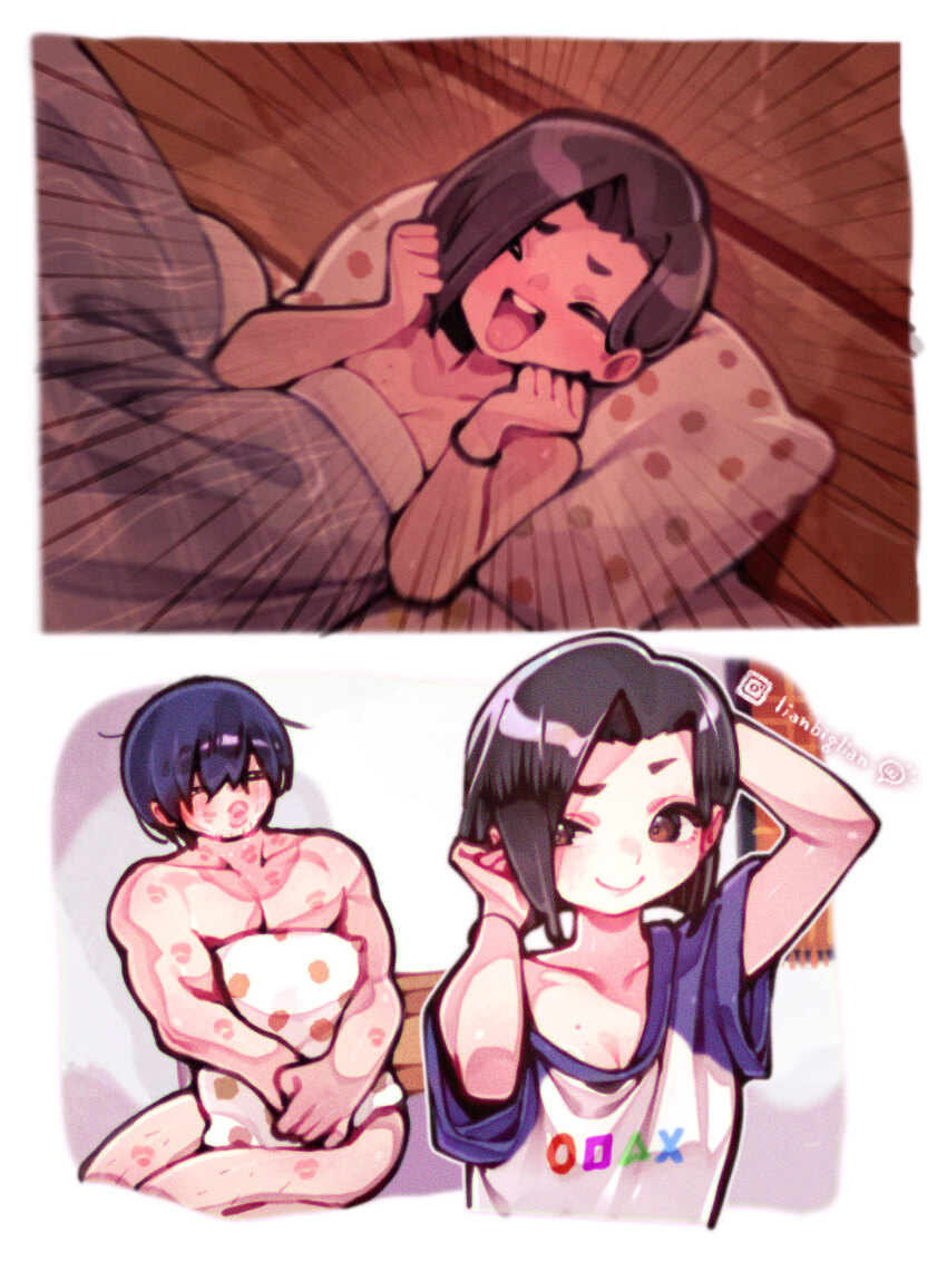 1boy 1girl aftersex arm_up black_hair boku_no_kokoro_no_yabai_yatsu borrowed_clothes breasts highres husband_and_wife lianbiglian lipstick_mark muscular muscular_male open_mouth pillow playstation_symbols power_bottom short_hair smile yamada_sanae_(bokuyaba) yamada_yuuki_(bokuyaba)