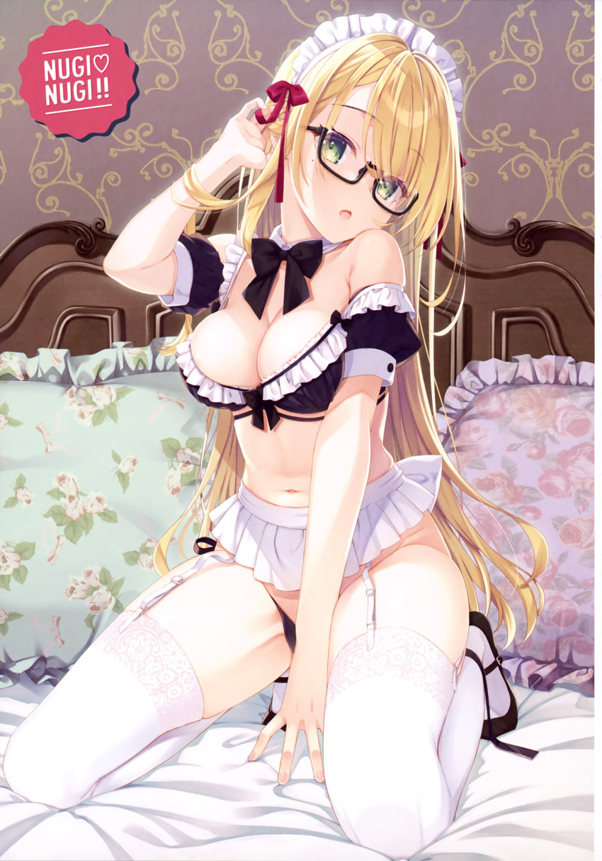 1girl absurdres bed black_bow black_panties blonde_hair bow bra breasts cleavage detached_collar full_body garter_straps glasses green_eyes headboard highres indoors kneeling long_hair looking_at_viewer maid maid_headdress medium_breasts miniskirt muririn off_shoulder open_mouth original panties puffy_short_sleeves puffy_sleeves red_ribbon ribbon short_sleeves side-tie_panties skirt solo thighhighs underwear white_skirt white_thighhighs