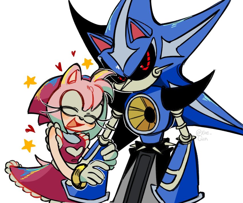 1boy 1girl alternate_costume amy_rose arm_hug closed_eyes furry furry_female happy headscarf highres humanoid_robot metal_sonic neo_metal_sonic non-humanoid_robot red_eyes robot robot_animal simple_background sonic_(series) white_background xue_gin