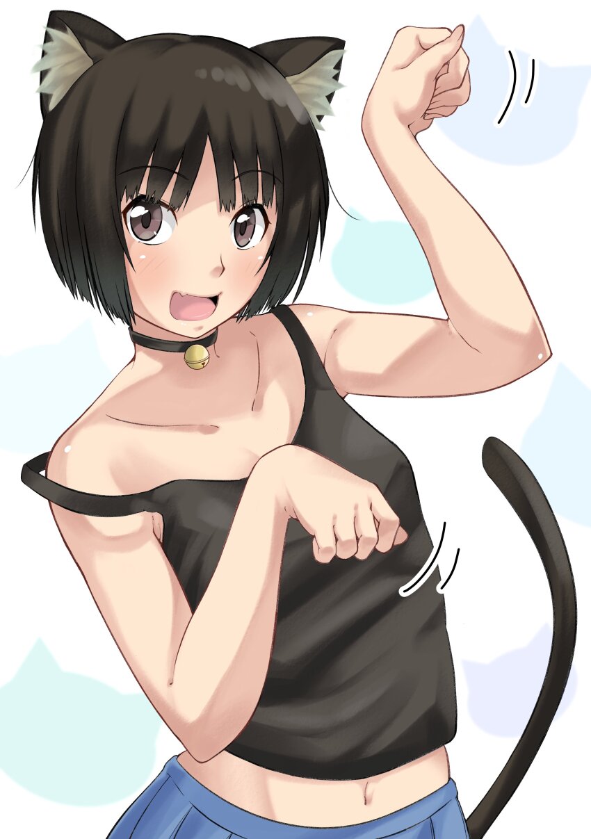 1girl :d absurdres amagami animal_ear_fluff animal_ears animal_print bare_shoulders bell birthday black_choker black_tank_top blue_background blue_skirt blush bob_cut breasts brown_eyes brown_hair cat_ears cat_print cat_tail choker cleavage collarbone commentary crop_top fang highres jingle_bell jishaku_(user_rcuz2843) kemonomimi_mode looking_at_viewer loose_hair_strand midriff motion_lines navel neck_bell open_mouth paw_pose pleated_skirt short_hair skin_fang skirt small_breasts smile solo standing strap_slip tachibana_miya tail tank_top two-tone_background upper_body white_background