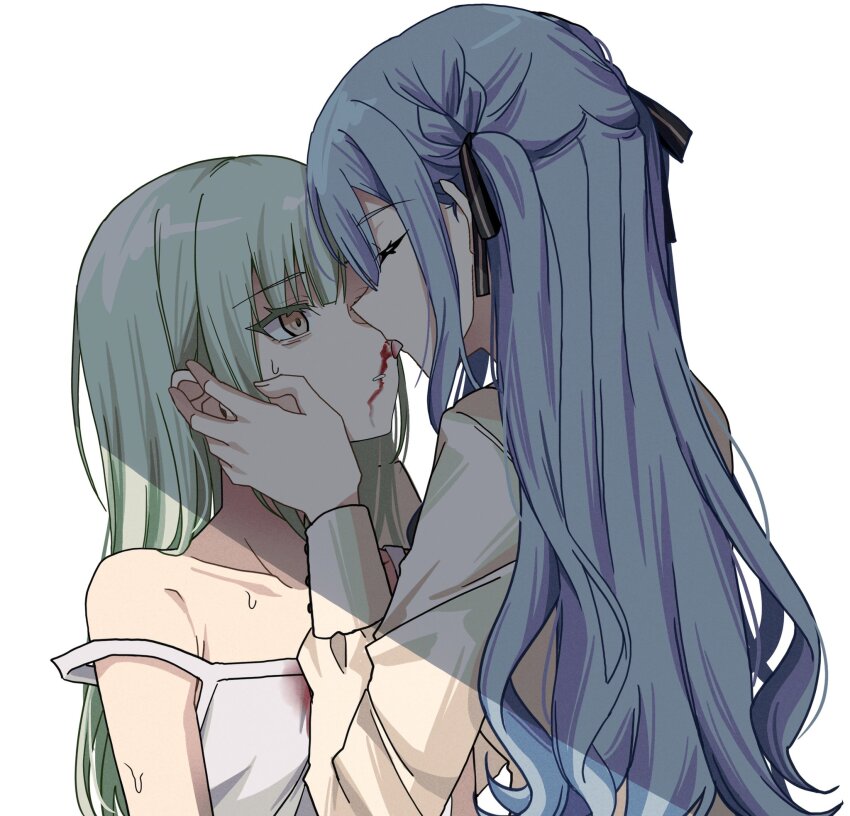 2girls bang_dream! bang_dream!_it&#039;s_mygo!!!!! black_ribbon blood blue_hair braid bucishiro camisole closed_eyes collarbone commentary green_hair hair_ribbon highres licking licking_another&#039;s_face licking_blood long_hair long_sleeves multiple_girls nosebleed open_mouth ribbon shirt simple_background spaghetti_strap strap_slip sweat togawa_sakiko two_side_up upper_body wakaba_mutsumi white_background white_camisole white_shirt yellow_eyes yuri