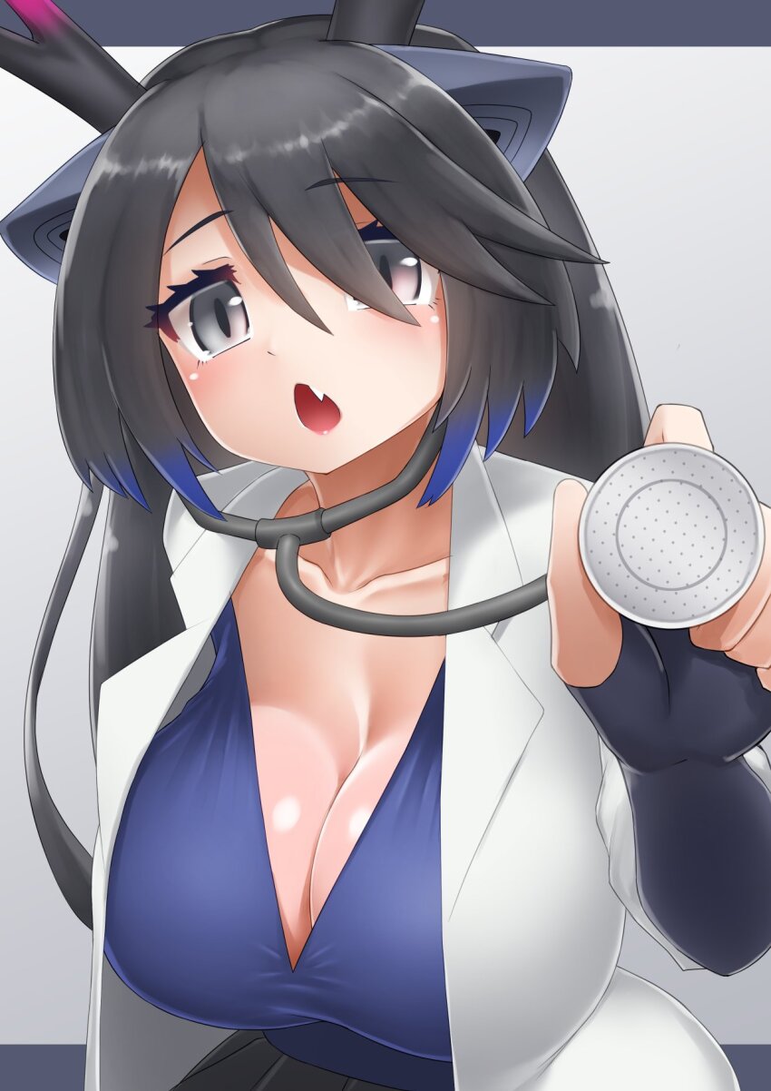 1girl animal_ears black_dragon_(kemono_friends) black_gloves black_hair black_horns blue_hair breasts cleavage coat commentary dark_blue_hair doctor dragon_ears dragon_horns elbow_gloves examination fang fingerless_gloves gloves grey_eyes highres holding holding_stethoscope horns kemono_friends kemono_friends_3 lab_coat large_breasts leaning_forward long_hair looking_at_viewer medical_examination multicolored_hair multicolored_horns open_clothes open_coat open_mouth parted_bangs pink_horns shirt skirt slit_pupils solo stethoscope symbol-only_commentary two-tone_hair upper_body very_long_hair white_coat yonkuron