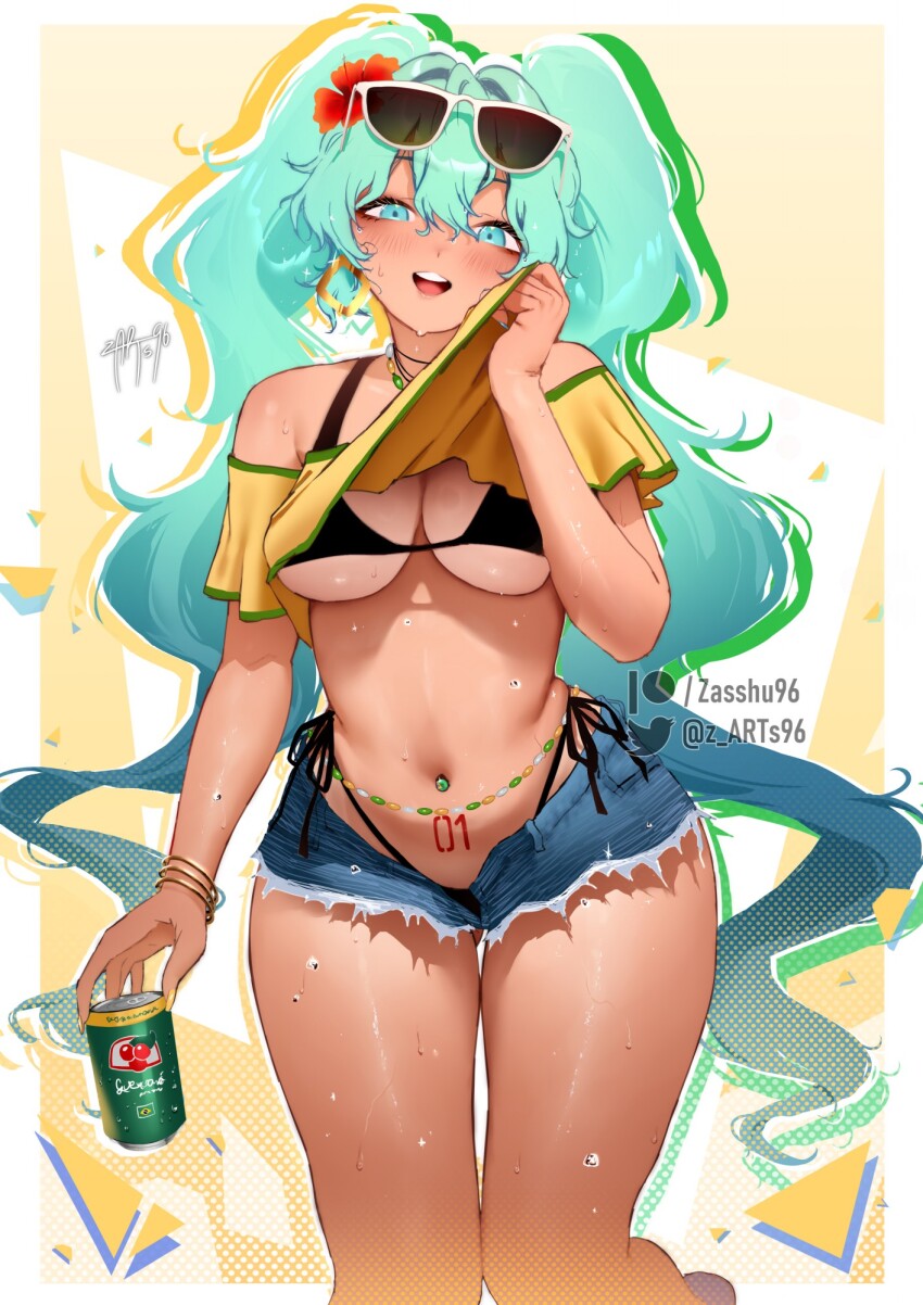 1girl alternate_breast_size aqua_eyes aqua_hair bare_shoulders bead_choker beads bikini black_bikini blush brazilian_flag brazilian_flag_print brazilian_miku breasts cleavage flag_print hatsune_miku highres large_breasts long_hair looking_at_viewer navel open_mouth smile solo swimsuit tan tanline thighs twintails very_long_hair vocaloid zasshu