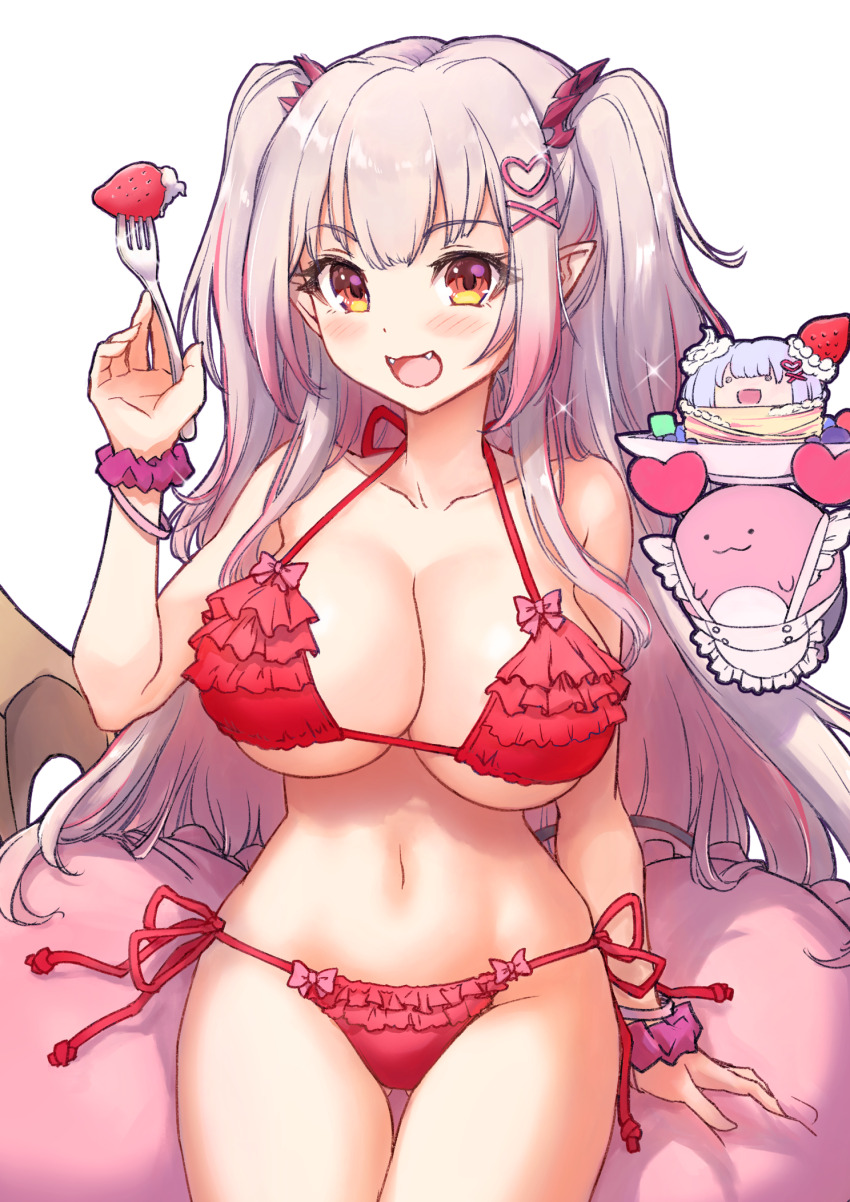 1girl alternate_costume bikini blush bow breasts cleavage commentary_request cowboy_shot demon_girl demon_horns demon_tail fangs food fork frilled_bikini frills fruit gradient_hair grey_hair hair_ornament heart heart-shaped_pillow heart_hair_ornament highres holding holding_fork horns indie_virtual_youtuber jyaco kanikama_(suou_patra) large_breasts long_hair looking_at_viewer multicolored_hair navel open_mouth orange_eyes pillow pink_bow pink_hair pointy_ears red_bikini red_horns scrunchie side-tie_bikini_bottom simple_background small_horns smile solo strawberry suou_patra swimsuit tail transparent_background two_side_up virtual_youtuber wrist_scrunchie x_hair_ornament