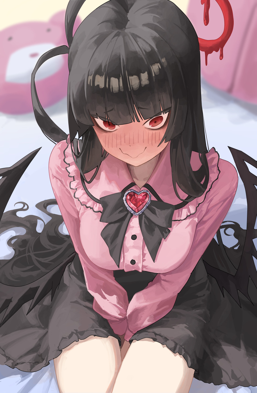 1girl absurdres alternate_costume black_bow black_bowtie black_hair black_skirt black_wings blue_archive blurry blurry_background blush bow bowtie closed_mouth commentary embarrassed hair_spread_out halo highres jirai_kei long_hair long_sleeves looking_at_viewer pink_shirt red_halo revision shirt skirt smile solo syc2159 thighs tsurugi_(blue_archive) very_long_hair wings