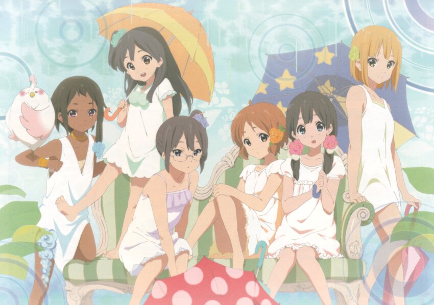 6+girls absurdres age_difference animal_on_arm asagiri_shiori bird bird_on_arm black_hair blonde_hair bob_cut brown_hair child choi_mochimazzui commentary dark-skinned_female dark_skin dera_mochimazzui dress english_commentary flat_chest glasses highres kitashirakawa_anko kitashirakawa_tamako long_hair looking_at_viewer makino_kanna medium_hair multiple_girls official_art petite short_hair sitting takahashi_mariko tamako_market tokiwa_midori twintails umbrella very_dark_skin white_dress