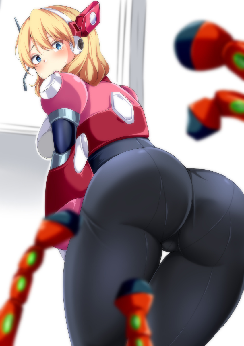 1girl absurdres alia_(mega_man) android armor ass ass_focus black_bodysuit blonde_hair blue_eyes blurry blurry_foreground blush bodysuit breasts commentary cowboy_shot from_behind gloves hair_between_eyes headset highres large_breasts leaning_forward long_hair looking_at_viewer mega_man_(series) mega_man_x_(series) open_mouth pandacross pink_armor robot_ears robot_girl sidelocks solo standing sweat teeth thigh_gap upper_teeth_only white_gloves