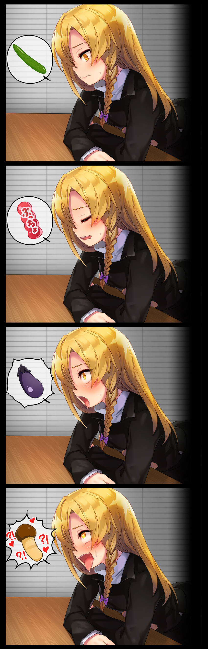 !? 1boy 4koma absurdres ahegao bent_over blonde_hair blush bow braid candy closed_eyes closed_mouth comic commentary_request cookie_(touhou) crossdressing cucumber drooling eggplant food hair_bow heart heart-shaped_pupils highres indoors kirisame_marisa long_hair long_sleeves mushroom open_mouth phallic_symbol puccho_(candy) purple_bow rei_(cookie) saliva sexually_suggestive side_braid silent_comic single_braid sweat symbol-shaped_pupils table tarmo tears tongue tongue_out touhou trap wavy_mouth yellow_eyes