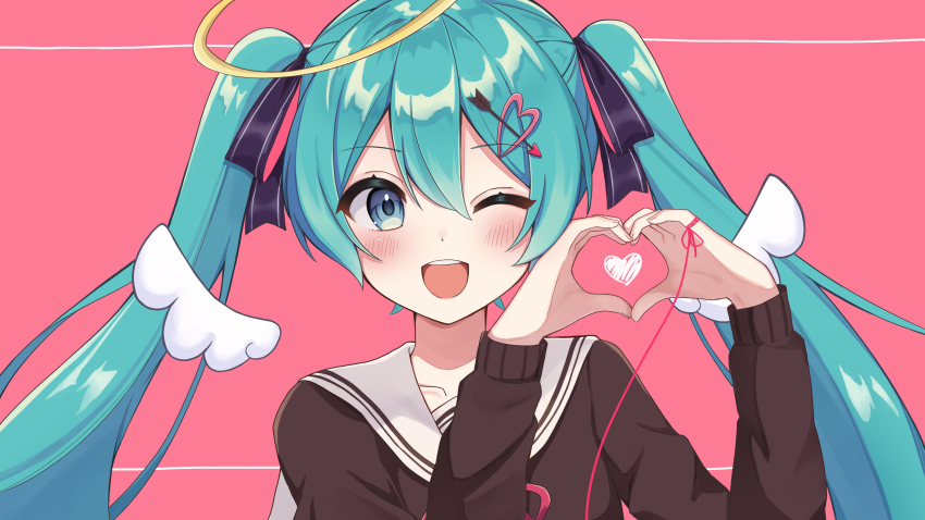 1girl absurdres alternate_costume angel angel_wings black_shirt blouse blue_eyes blue_hair collared_shirt halo hatsune_miku header heart heart_hands highres looking_at_viewer noneon319 one_eye_closed open_mouth sailor_collar school_uniform shirt smile solo thread twintails vocaloid wings