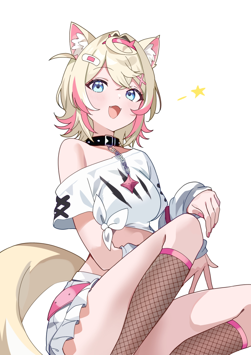 1girl :3 :d absurdres animal_collar animal_ear_fluff animal_ears arm_warmers bandaid bandaid_hair_ornament belt black_collar blonde_hair blue_eyes brown_socks collar commentary_request cropped_shirt crossed_bangs dog_ears dog_girl dog_tail double-parted_bangs fake_horns fang feet_out_of_frame fishnet_socks fishnets frilled_shorts frills hair_between_eyes hair_intakes hair_ornament hairband hairclip highres hololive hololive_english horns hutaba_haru knee_up kneehighs looking_at_viewer mococo_abyssgard mococo_abyssgard_(1st_costume) multicolored_hair open_mouth pink_belt pink_hair pink_hairband pink_nails shirt short_hair short_shorts shorts simple_background single_off_shoulder sitting smile socks solo spiked_collar spikes star_(symbol) streaked_hair t-shirt tail tied_shirt two_side_up virtual_youtuber white_arm_warmers white_background white_shirt white_shorts x_hair_ornament