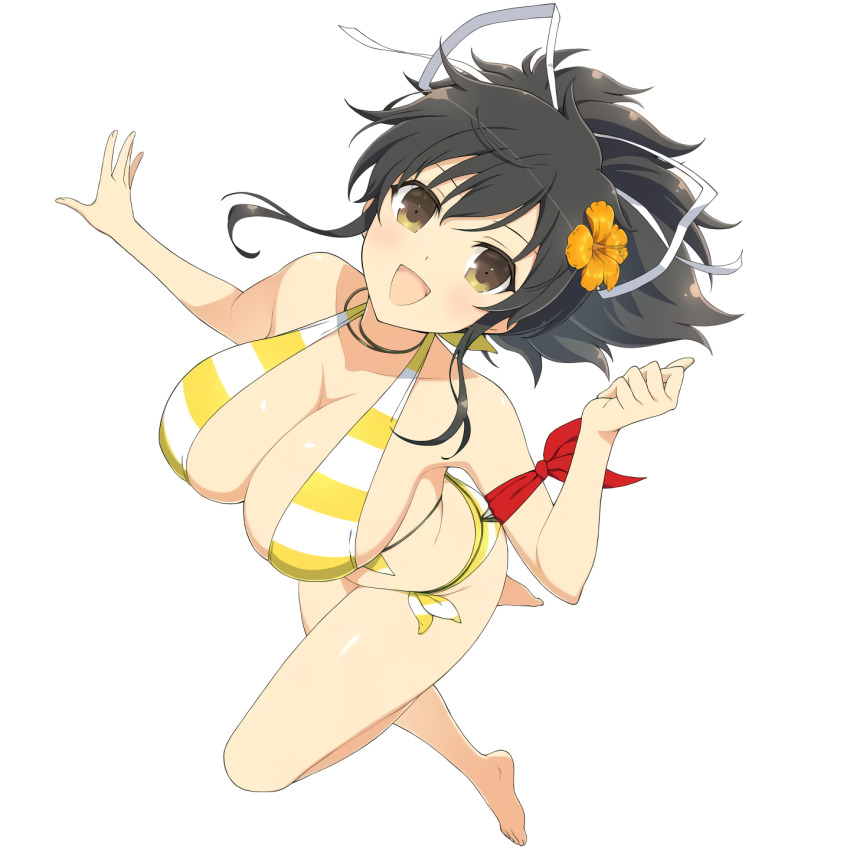 1girl :d arm_at_side arm_ribbon arm_up ass asuka_(senran_kagura) bare_arms bare_shoulders bikini black_hair blush breasts brown_eyes cleavage collarbone commentary_request cowboy_shot dolphin_wave flower front-tie_bikini_top front-tie_top hair_ribbon halterneck hibiscus high_ponytail highres large_breasts looking_at_viewer medium_hair navel official_alternate_costume official_art open_mouth orange_flower ponytail red_ribbon ribbon senran_kagura side-tie_bikini_bottom simple_background smile solo standing stomach striped_bikini striped_clothes swimsuit two-tone_bikini white_background white_bikini white_ribbon yellow_bikini