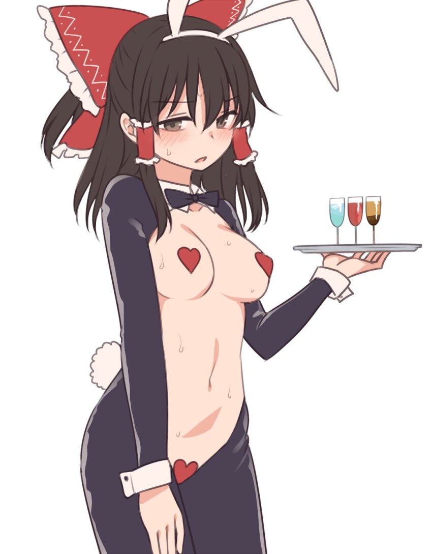 1girl animal_ear_hairband animal_ears blush bow bowtie breasts brown_eyes brown_hair crotchless cup drinking_glass fake_animal_ears fake_tail frilled_bow frills frontless_outfit hair_bow hair_tubes hairband hakurei_reimu hand_on_own_thigh heart_maebari heart_pasties highres holding holding_tray leotard looking_at_viewer maebari medium_breasts meme_attire miyo_(ranthath) navel open_mouth pantyhose pasties playboy_bunny rabbit_ear_hairband rabbit_ears rabbit_tail revealing_clothes reverse_bunnysuit reverse_outfit short_hair simple_background solo tail touhou tray white_background wrist_cuffs