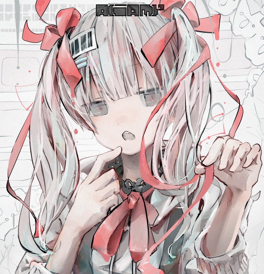 1girl absurdres aiamu_iamu artist_name clothing_request collared_shirt commentary commentary_request finger_to_mouth grey_eyes grey_hair hair_between_eyes hair_ornament hair_ribbon hairclip hands_up highres holding holding_ribbon jitome long_hair looking_at_viewer neck_ribbon open_mouth original red_ribbon ribbon shirt signature simple_background solo twintails upper_body white_background white_shirt