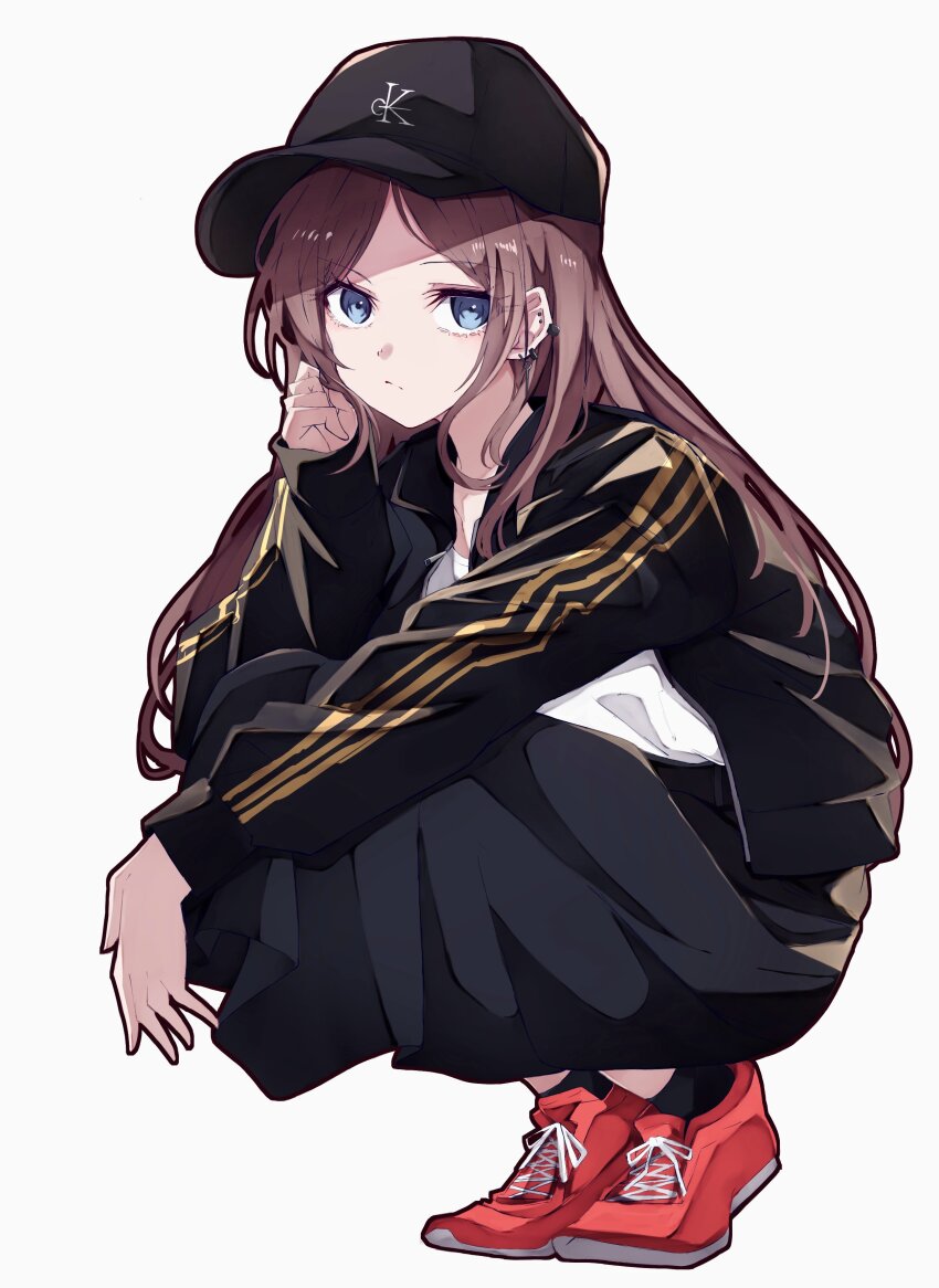 1girl absurdres bang_dream! bang_dream!_it&#039;s_mygo!!!!! black_bag black_jacket black_skirt black_socks blue_eyes brown_hair censored closed_mouth commentary_request ear_piercing earrings full_body hand_up highres censored_identity jacket jewelry long_hair long_sleeves nagasaki_soyo nuruponnu open_clothes open_jacket piercing red_footwear shirt sidelocks simple_background skirt socks solo squatting white_background white_shirt