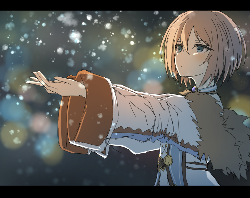 1girl blanc_(neptunia) blue_eyes blush brown_hair closed_mouth commentary_request dress expressionless fur_trim hair_between_eyes jacket letterboxed looking_ahead neptune_(series) no_headwear outdoors outstretched_arms ray_726 short_hair snowing solo upper_body white_dress white_jacket