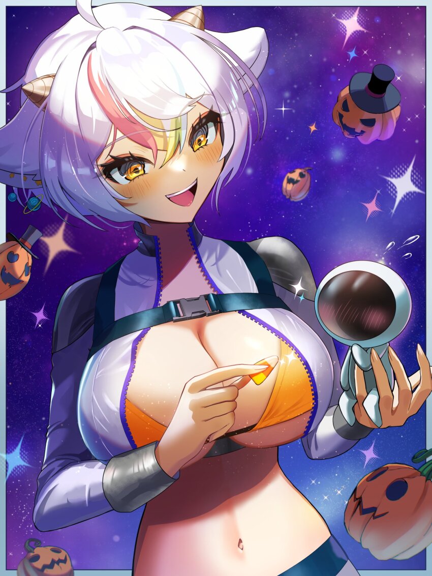 aerigomoo ahoge astronaut bikini black_hat blush breasts candy candy_corn chest_strap cleavage commission eyelashes flying_sweatdrops food hat highres holding holding_food horns indie_virtual_youtuber jack-o&#039;-lantern large_breasts midriff multicolored_hair navel open_mouth orange_bikini rainbow_hair short_hair space star_(sky) swimsuit vgen_commission virtual_youtuber yellow_eyes yuarima2