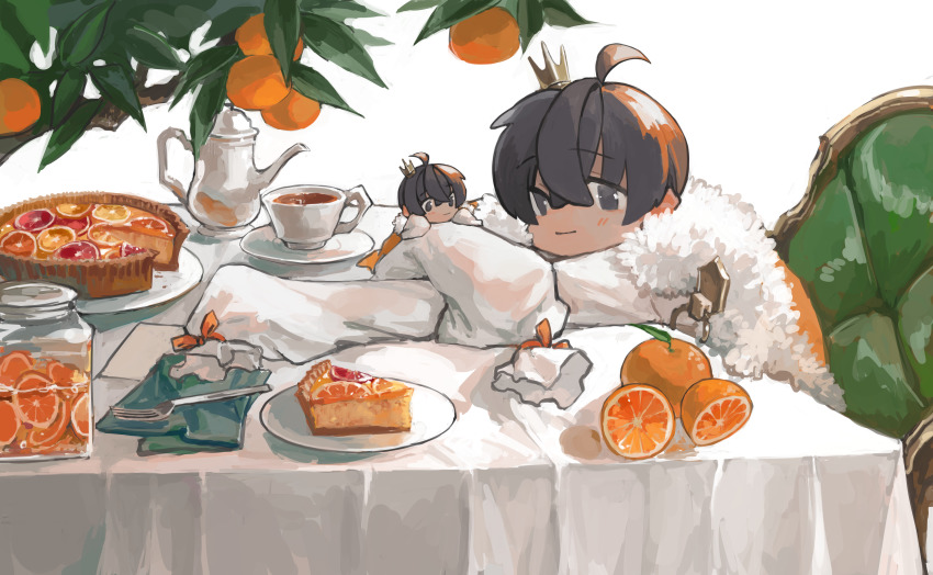 2boys absurdres ahoge black_eyes black_hair bow chair commentary_request crown cup fatalbug896 feather_boa food fork fruit hair_between_eyes highres leaning_on_table long_sleeves looking_at_viewer male_focus mini_crown mini_person miniboy multiple_boys napkin orange_(fruit) orange_bow orange_slice orange_tree original shirt simple_background sitting sleeve_bow sleeves_past_fingers sleeves_past_wrists smile sweets table tablecloth tart_(food) teacup teapot tied_sleeves tree white_background white_shirt