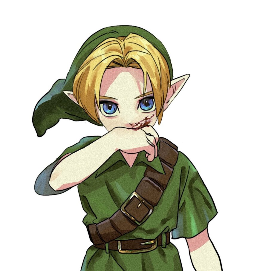 1boy belt blonde_hair blood blood_on_face blue_eyes facing_viewer hat link looking_at_viewer nintendo nosebleed oshio_0809 pointy_ears solo the_legend_of_zelda the_legend_of_zelda:_ocarina_of_time tunic upper_body wiping_face