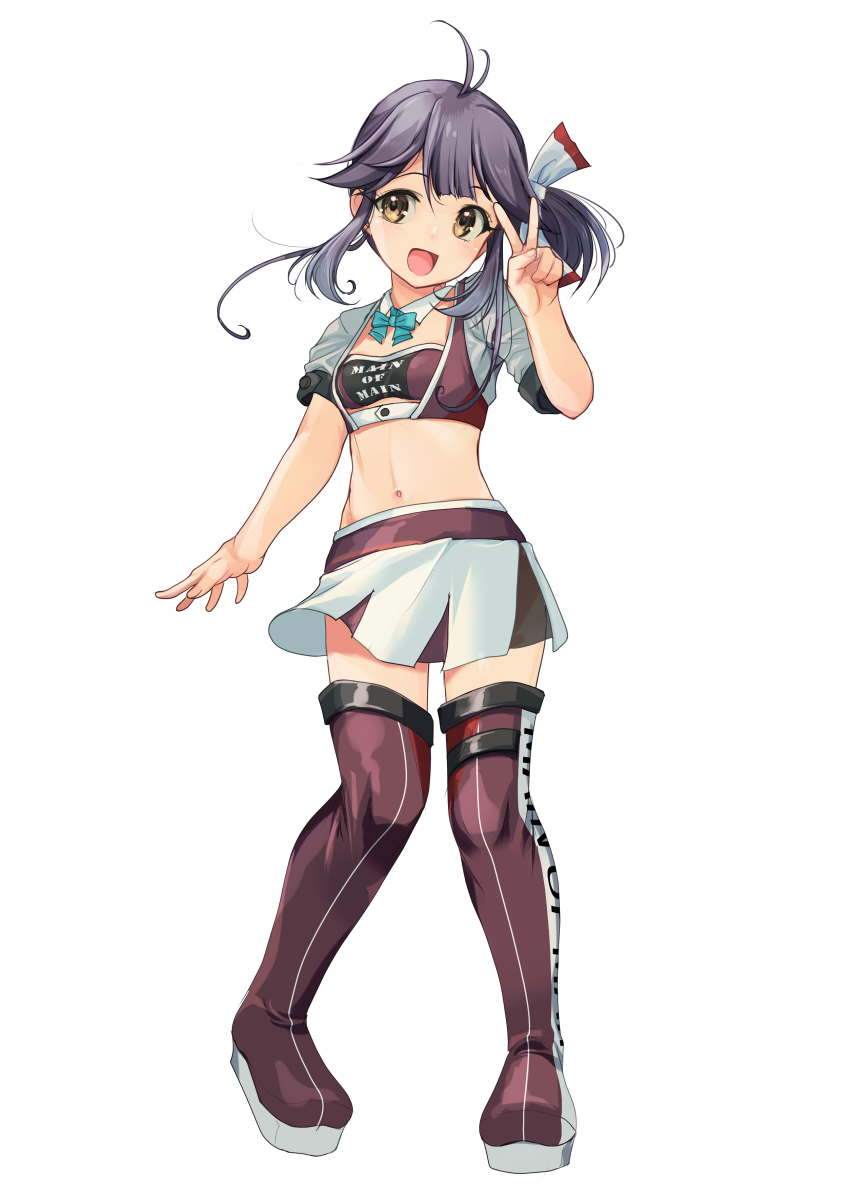 1girl absurdres ahoge aqua_bow aqua_bowtie bandeau black_hair bow bowtie clothes_writing contrapposto cropped_jacket detached_collar full_body hair_ribbon hayanami_(kancolle) highres jacket kantai_collection medium_hair midriff mole mole_on_neck multiple_views navel one_eye_closed pleated_skirt purple_bandeau purple_thighhighs race_queen ribbon side_ponytail simple_background skirt standing thighhighs v white_background white_jacket white_ribbon white_skirt yashin_(yasinz) yellow_eyes